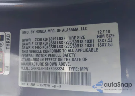2019 Honda Odyssey Ex from USA, damaged, VIN 5FNRL6H51KB063324